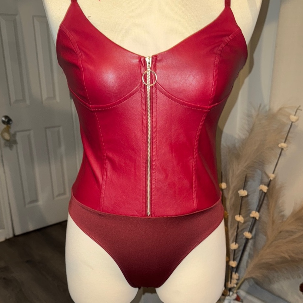 Guess Red Faux Leather Bodysuit
